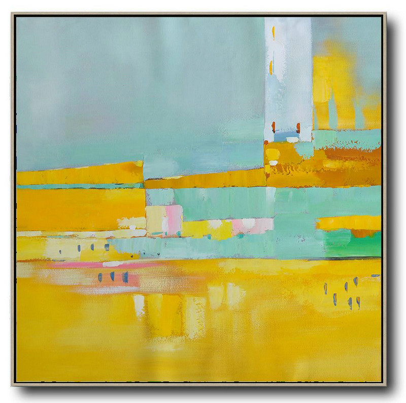 Handmade Large Painting,Oversized Contemporary Art,Oversized Custom Canvas Art Yellow,Sky Blue,Pink,White